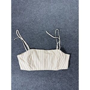 Topshop Crop Top Womens Size 12 Beige Stripe Linen Blend Tie Strap Summer NWT